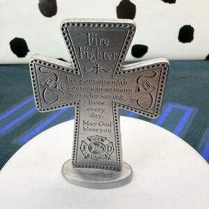 CAMCO Metal Firefighter Prayer Standing Cross Table Figurine Desk Statue 3"
